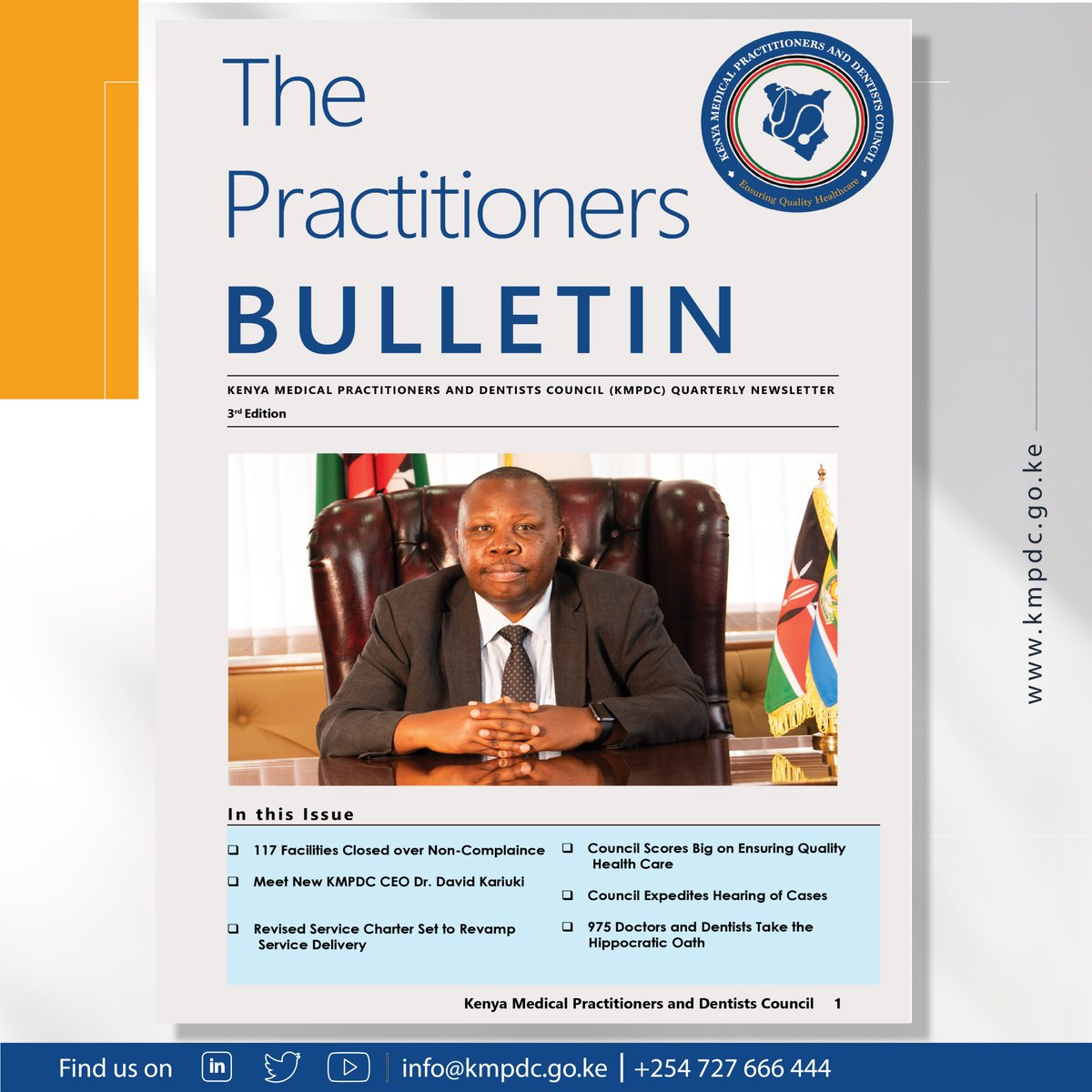 Exciting updates in our latest newsletter 📰! Get to know our new CEO, 117 non-compliant facilities closed, crucial information on medical internships placement and much more. Download now: bit.ly/3Ikbyt3
 <a href="/KenyaMedics_KMA/">Kenya Medical Association</a> <a href="/kenyadental/">KENYA DENTAL ASSOCIATION</a> <a href="/HealthProfKE/">Kenya HealthCare Professionals 🇰🇪</a> <a href="/KenyaHealthFed/">Kenya Healthcare Federation</a>