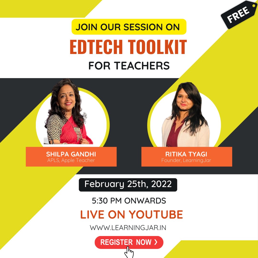 LearningJar_in's tweet photo. *WEBINAR ALERT*
Join our upcoming session on "EdTech Toolkit For Teachers" LIVE on February, 25th at 5:30 PM Onwards. Registration Link: https://t.co/9sXBMvG3Zu
Participation certificates will be awarded to all attendees. 
@RitikaTyagi06 https://t.co/uqtkhNSp0L