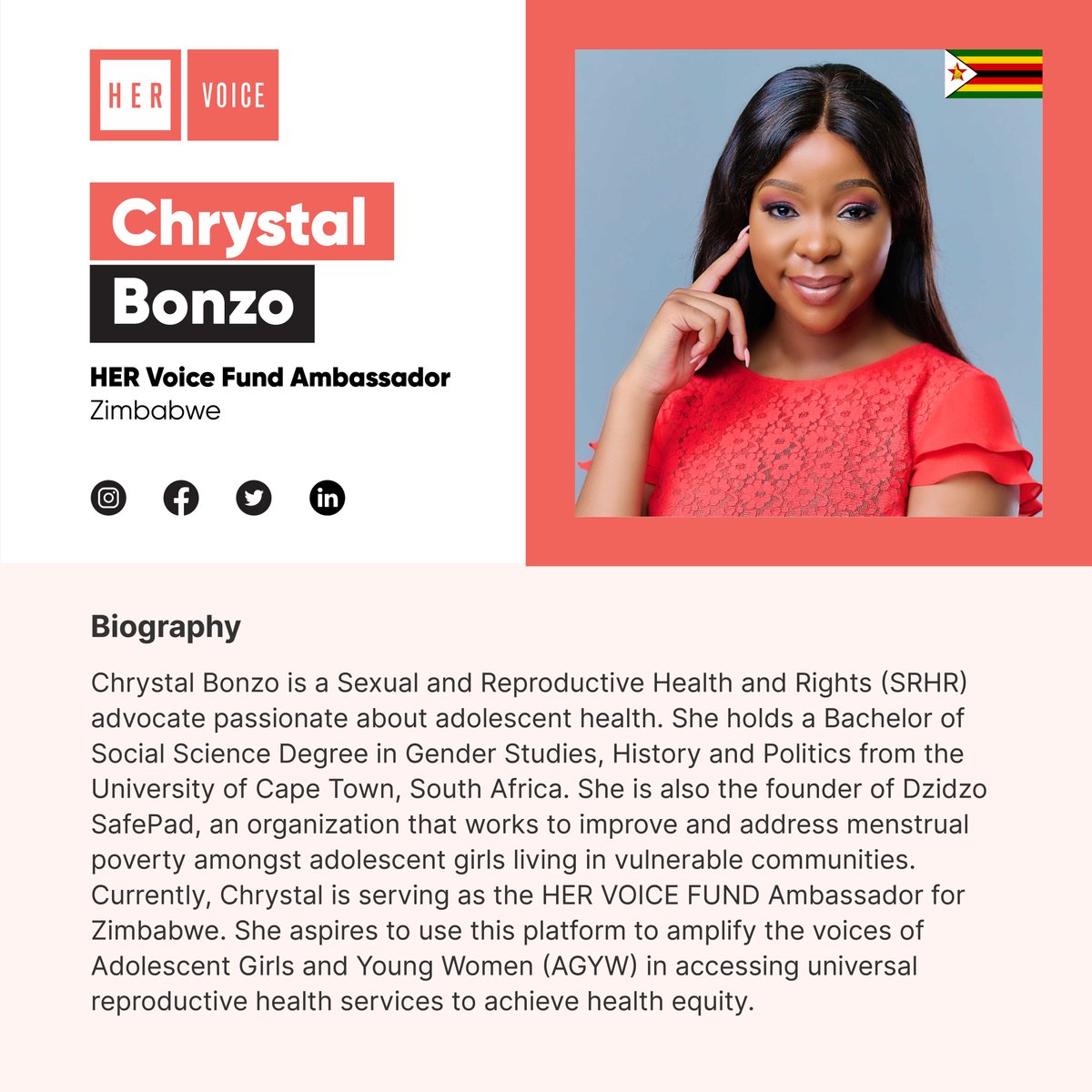 Meet our HER Voice Fund Ambassador to Zimbabwe @chrystalbonxo.

#HERVoiceFund