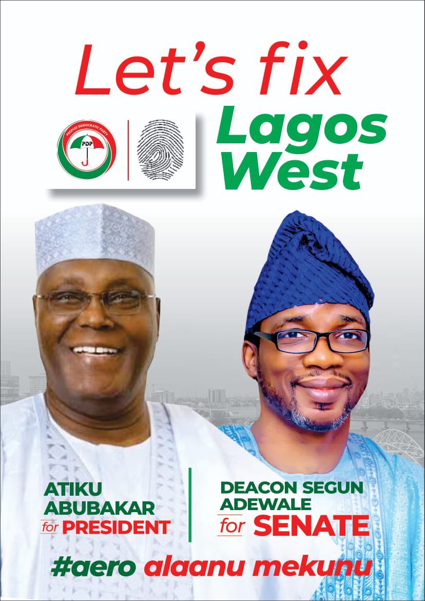 AERO4SENATE's tweet photo. 48hrs to the Day of Liberation, the day Lagos west and Nigeria will be free from the shackles of apc.
Lagos west, the man is Aeroland, the party is PDP !
#Vote4Atiku
#Vote4Aeroland
#VoteAA
@AAsupportOrg
@atiku
@segunaeroland https://t.co/Db255F7vE3