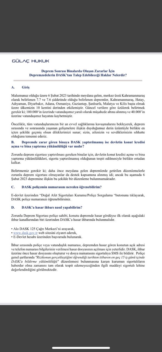 AvTarikCilekci's tweet photo. Deprem Sonrası Binalarda Oluşan Zararlar İçin Depremzedelerin DASK’tan Talep Edebileceği Haklara İlişkin Bilgi Bülteni

(-hazırlayan: Gülaç Hukuk @gozdeyvzr ) https://t.co/nT0Lgi4kDX