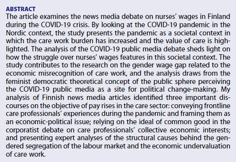 Tutkijamme Heini Kinnusen artikkeli hoitajien palkoista käydyistä mediakeskusteluista koronan aikaan on julkaistu NORA-lehdessä! Pääset lukemaan artikkelin täällä: doi.org/10.1080/080387…