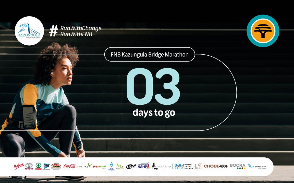 FNB_Botswana's tweet photo. 3 days and counting until the FNB Kazungula Bridge Marathon 2023!
Runners, start collecting your race packs at Halfway Toyota, Chobe at the following times:
Wednesday 22 February, 2–7pm
Thursday 22 February, 8–7pm
Friday 24 February, 8–7pm
#RunWithChange
#RunWithFNB
#FNBB https://t.co/R1rb0qiGOj