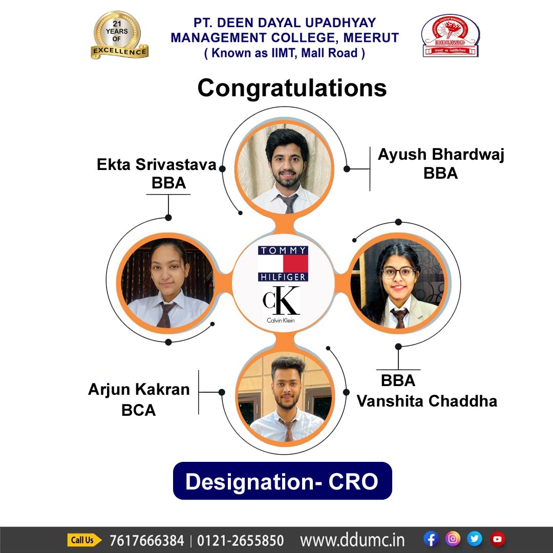 Pt. DDUMC congratulates Ekta Srivastava ( BBA ), Ayush Bhardwaj ( BBA ), Arjun Kakran ( BCA ), Vanshita Chaddha ( BBA ) for being placed at Tommy Hilfiger. 
ddumc.in

#Placements #GreatCareer #FulfillingCareer
#ddumc #ptddumc #iimtmallroad
