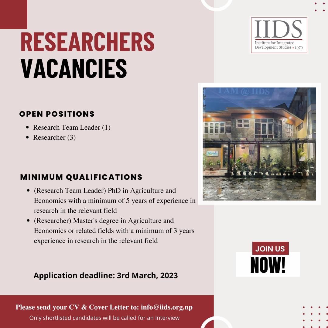 iids1979's tweet photo. Job Opportunities at IIDS!
Open Positions:

Research Team Leader-1 
Researcher-3

Terms of Reference for Team Leader:
https://t.co/nNb9iTLd4y

Terms of Reference for Researcher:
https://t.co/kT0JXGJLDc https://t.co/NivjAIO2lJ
