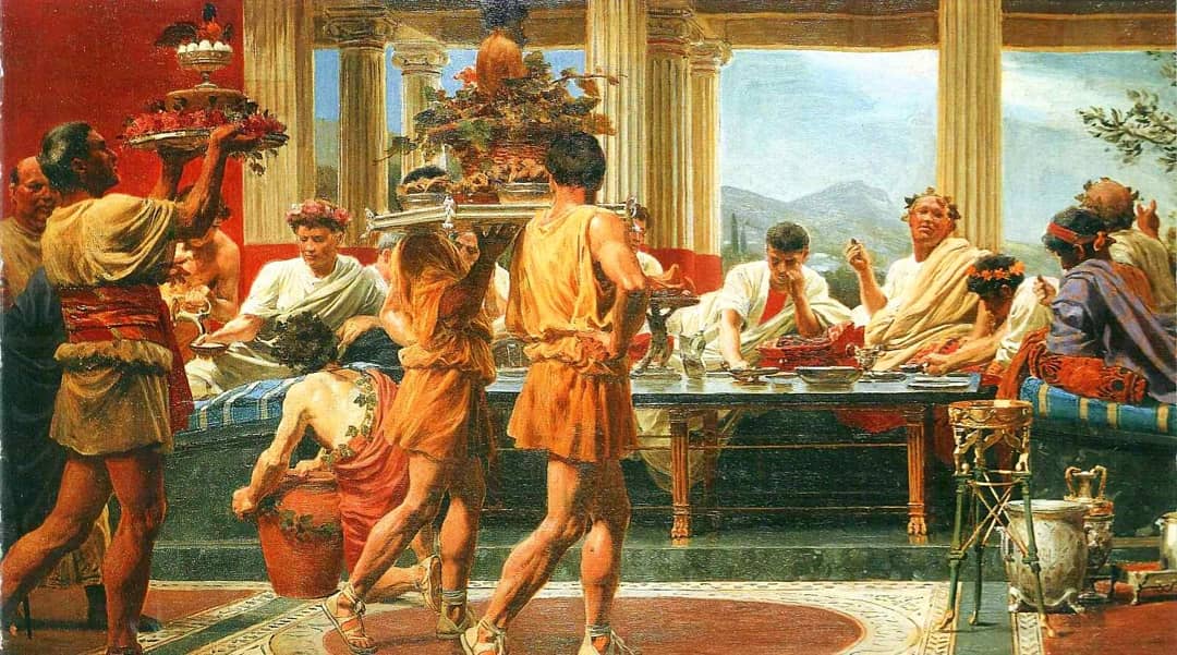 antinousgaygod's tweet photo. 🪷 22 Feb is the ancient Roman #Caristia festival when Romans feasted with their nearest and dearest friends and family. They made offerings to the Lares household guardian spirits to ward off enemies and evil spirits for another year. Art: "Das Gastmahl" by #AntonvonWerner. 🪷 https://t.co/6kWOZRQHkA