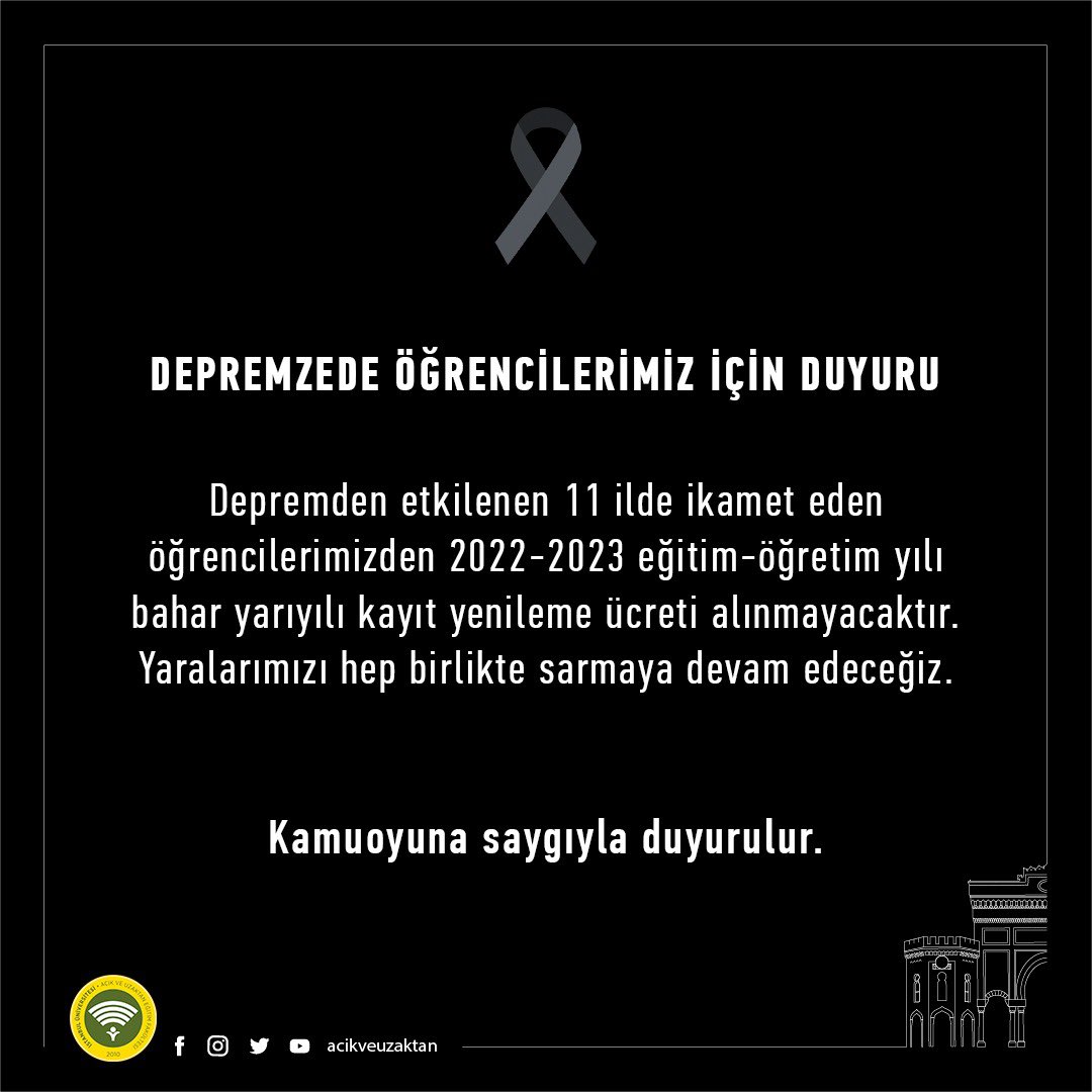📌 Kayıt yenileme işlemlerimiz başlamıştır. 
📌 Depremden etkilenen 11 ilde ikamet eden öğrencilerimizden 2022-2023 eğitim-öğretim yılı bahar yarıyılı kayıt yenileme ücreti alınmayacaktır. Yaralarımızı hep birlikte sarmaya devam edeceğiz. 
📌 Kamuoyuna saygıyla duyurulur.