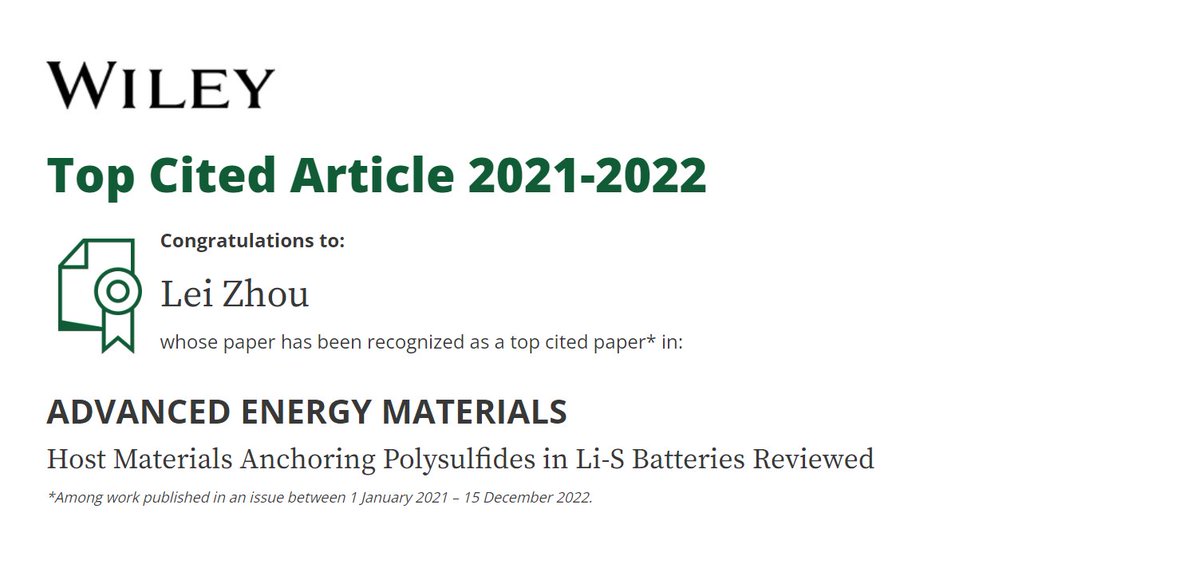 Good news! My article received enough citations to be a #topcitedarticle in Advanced Energy Materials.

Click here to read the article: onlinelibrary.wiley.com/doi/full/10.10…

#Battery #EnergyStorage