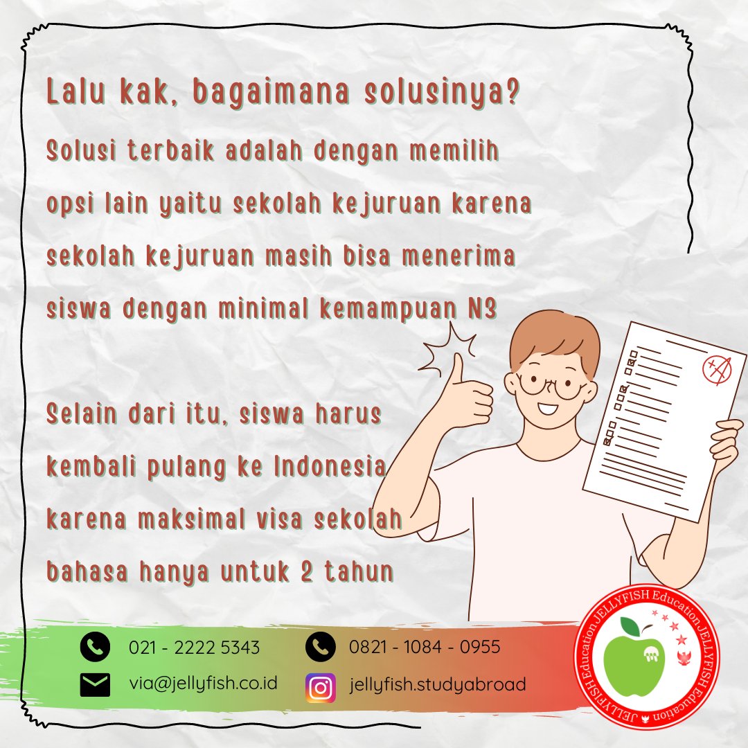 Jellyfish_INA's tweet photo. "Semisal nih kak nanti kita gagal untuk mendapatkan N2 di sekolah Bahasa, lalu selanjutnya bagaimana?"

Waaah, menarik! 🧐🫡 Jadi begini... 👉🏻👉🏻👉🏻👉🏻 https://t.co/bByNnQIPPD