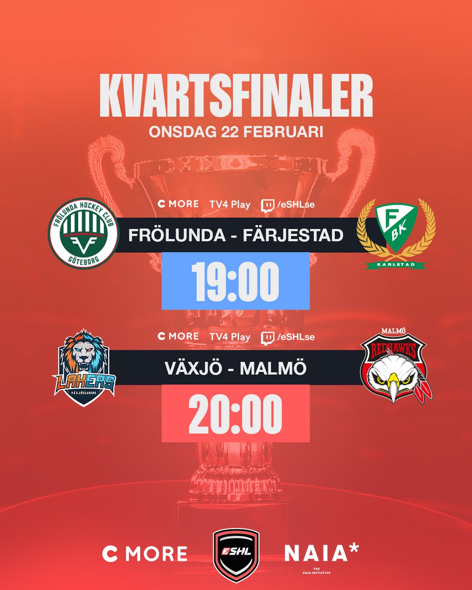 Vilka lag tar sig vidare från kvällens två kvartsfinalmöten? 👀

- @fhcesport vs @fbkesports
- @vlhesport vs <a href="/RedhawksEsport/">Redhawks Esport</a>

#eSHLse #NHL23 <a href="/SHLse/">SHL.se</a>