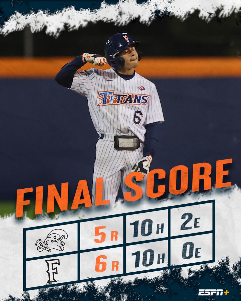 FullertonBSB's tweet photo. Titans walk it off against Tulane to win 6-5!

#TusksUp https://t.co/LL6TjHWyyZ