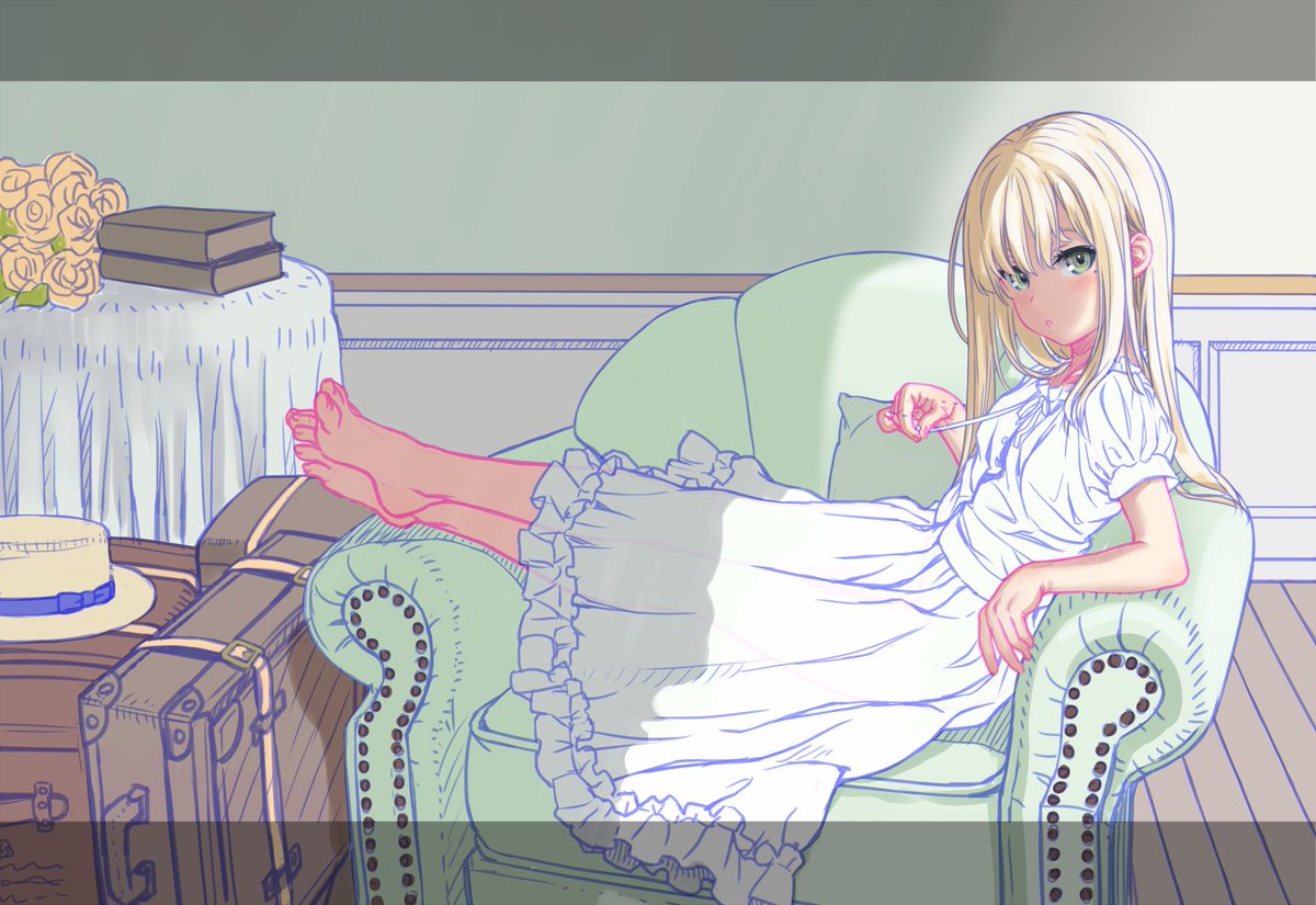 そういえば色ラフまで描いて放置してるこういうのもある
描いてる途中で自分用のWQHDの壁紙に使えるようにしようとしてキャンバスサイズがどんどん大きくなって…放置(最初はサラッと横になってるだけの子描きたかったはずなのになぁ) 