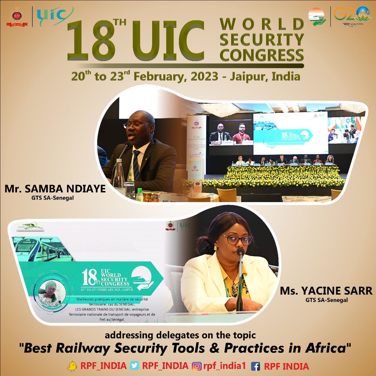 RPF INDIA (@rpf_india) on Twitter photo #RailwaySafety is crucial for growth and development, especially in inter-city traffic". Mr. Samba Ndiaye & Ms. Yacine Sarr from GTS SA-Senegal shared how they prioritize safety through the Railway Safety Management System (RSMS) on the 2nd day of #UICWSC2023.
<a href="/uic/">UIC railways</a> <a href="/RailMinIndia/">Ministry of Railways</a> #RailwaySafety is crucial for growth and development, especially in inter-city traffic". Mr. Samba Ndiaye & Ms. Yacine Sarr from GTS SA-Senegal shared how they prioritize safety through the Railway Safety Management System (RSMS) on the 2nd day of #UICWSC2023.
<a href="/uic/">UIC railways</a> <a href="/RailMinIndia/">Ministry of Railways</a>