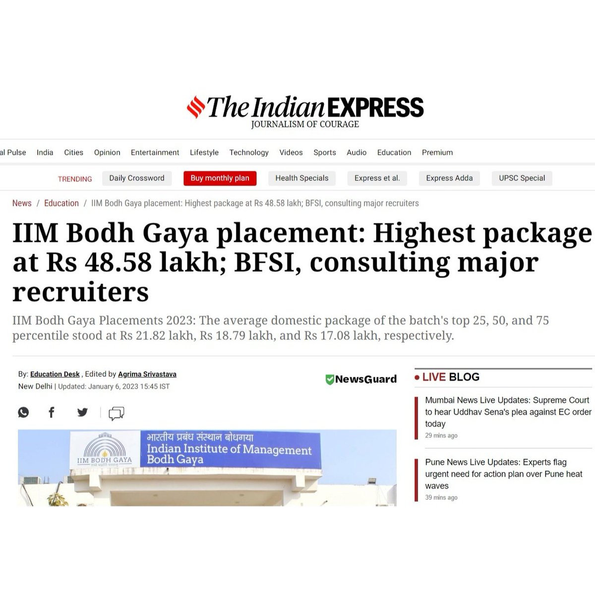 IIMBodhGaya's tweet photo. IIM Bodh Gaya congratulates MBA batch 2021-23 for successfully completing the final placements in January 2023.

This incredible feat was achieved in January 2023 with the highest package of 48.58LPA and a median of 15.25LPA, with a 34% increase from last year's figures.

#iim https://t.co/BMVeddh8VA