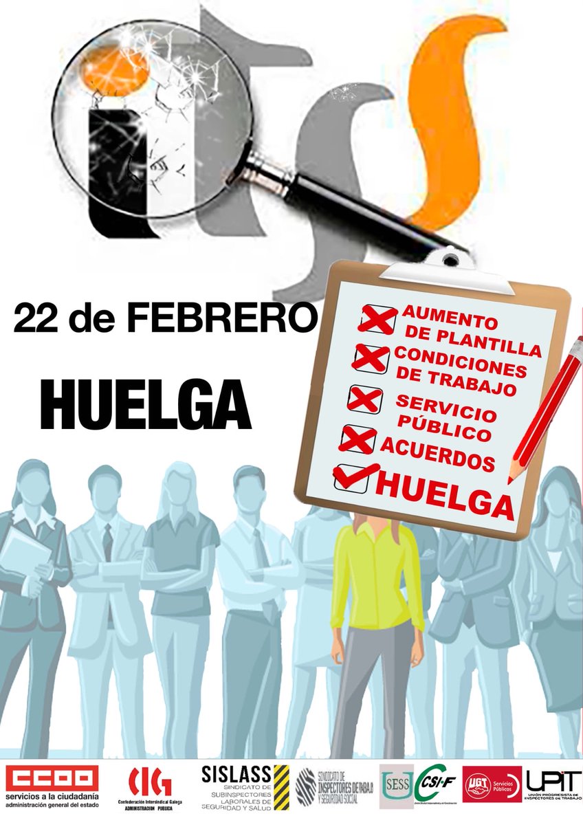#huelga en la Inspección de Trabajo. 

⁦<a href="/Yolanda_Diaz_/">Yolanda Díaz</a>⁩ ⁦<a href="/mjmonteroc/">María Jesús Montero</a>⁩ ⁦<a href="/empleogob/">Ministerio Trabajo y Economía Social</a>⁩ ⁦<a href="/Haciendagob/">Ministerio de Hacienda</a>⁩ 

#huelgaitss