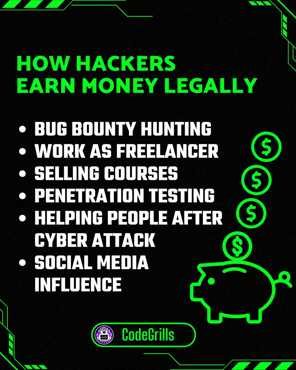 Code_Grills's tweet image. 🤑How hackers earn money legally.💸

Are you gonna earn the white way or the black way??? These might help in white only🤫
_________________________________

Looking for Ethical Hacking Training? Call us at: +91 7617707702
_________________________________
