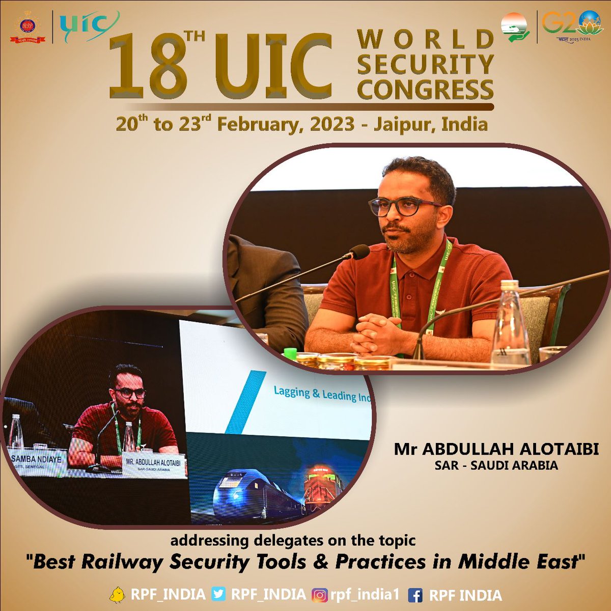 RPF INDIA (@rpf_india) on Twitter photo How SAR is reducing potential incidents through effective performance monitoring. Mr. Abdullah Ali Alotaibi, from Saudi Arabia, shared insights at the 18th UIC World Security Congress. #RailwaySafety #UICWSC2023
<a href="/RailMinIndia/">Ministry of Railways</a> <a href="/uic/">UIC railways</a> How SAR is reducing potential incidents through effective performance monitoring. Mr. Abdullah Ali Alotaibi, from Saudi Arabia, shared insights at the 18th UIC World Security Congress. #RailwaySafety #UICWSC2023
<a href="/RailMinIndia/">Ministry of Railways</a> <a href="/uic/">UIC railways</a>