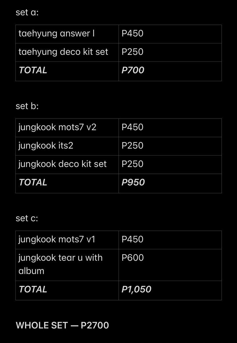 vkoollects's tweet photo. #vkooksells 
📓 wts lfb bts ph: taehyung and jungkook pcs

— sold as sets
— will prio whole set taker (!!) 

🔗 dm me for more info !

🎱 kim tae v jeon jk photocards poca pc looking for want to sell its2 mots7 v2 v1 deco kit nrpc love yourself answer l old manu tear u black swan https://t.co/YHyxY6rZCV