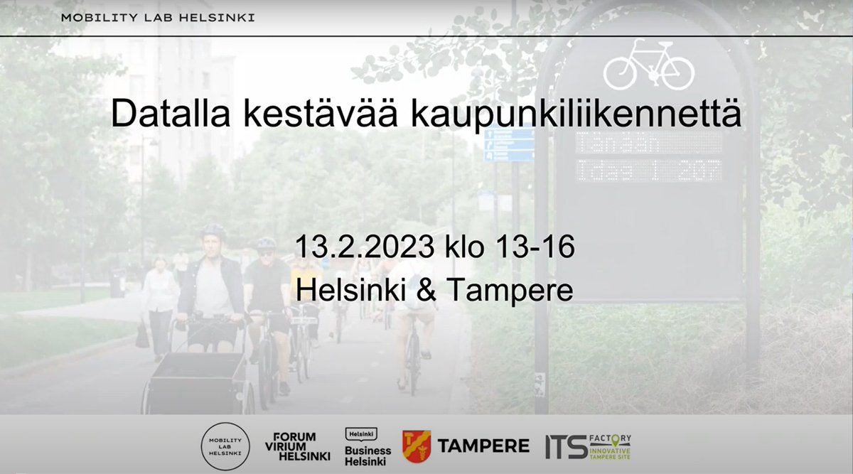 Mobility Lab Helsinki (@mobilitylabhel) on Twitter photo Jäikö viime viikon Datalla kestävää kaupunkiliikennettä -tilaisuus väliin? Nyt voit katsoa Helsingin ja Tampereen esitykset tallenteilta! <a href="/ITSFactory/">ITS Factory</a> <a href="/ForumVirium/">ForumViriumHelsinki</a> @TestbedHelsinki
Osa 1, Helsinki ➡️ youtu.be/nvnhp2cgffc
Osa 2, Tampere ➡️ youtu.be/CieRtD0W7_4 Jäikö viime viikon Datalla kestävää kaupunkiliikennettä -tilaisuus väliin? Nyt voit katsoa Helsingin ja Tampereen esitykset tallenteilta! <a href="/ITSFactory/">ITS Factory</a> <a href="/ForumVirium/">ForumViriumHelsinki</a> @TestbedHelsinki
Osa 1, Helsinki ➡️ youtu.be/nvnhp2cgffc
Osa 2, Tampere ➡️ youtu.be/CieRtD0W7_4