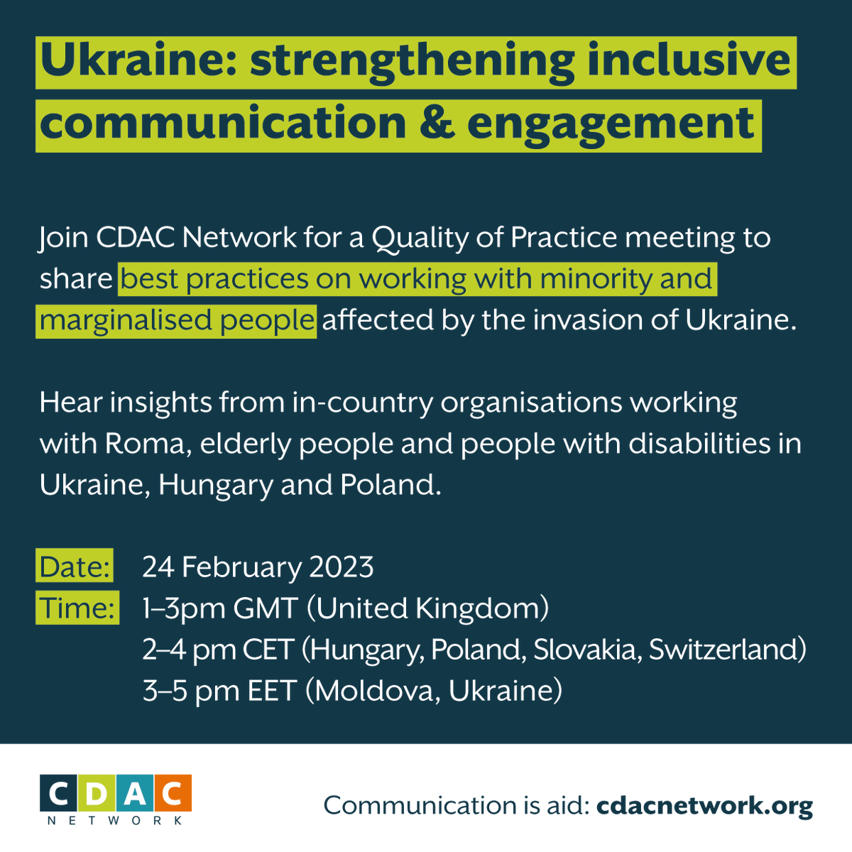 CDACN's tweet photo. 📆 This Friday: join us for a Quality of Practice meeting to share best practices on communication and engagement with minority and marginalised people affected by the invasion of Ukraine 🇺🇦 

Register now ➡️ https://t.co/rlZXlDG0Qp

#CommIsAid https://t.co/XEp7ZX1phG