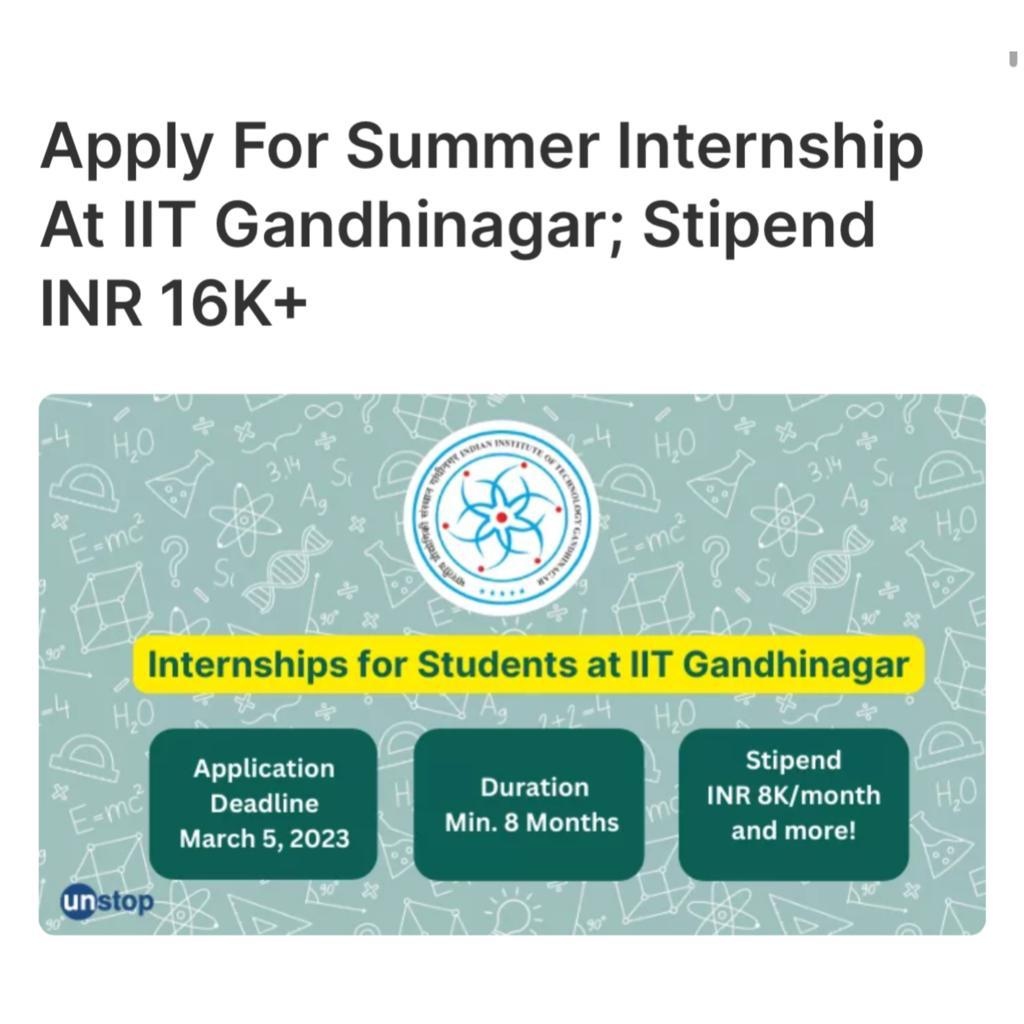 IIT Gandhinagar is offering paid internships for its summer program. Students will get a stipend of a minimum of 16K and other benefits. Apply by March 5, 2023.

Link: unstop.com/blog/iit-gandh…

#IITGandhinagar #IIT #paidinternships #internshipsforstudents