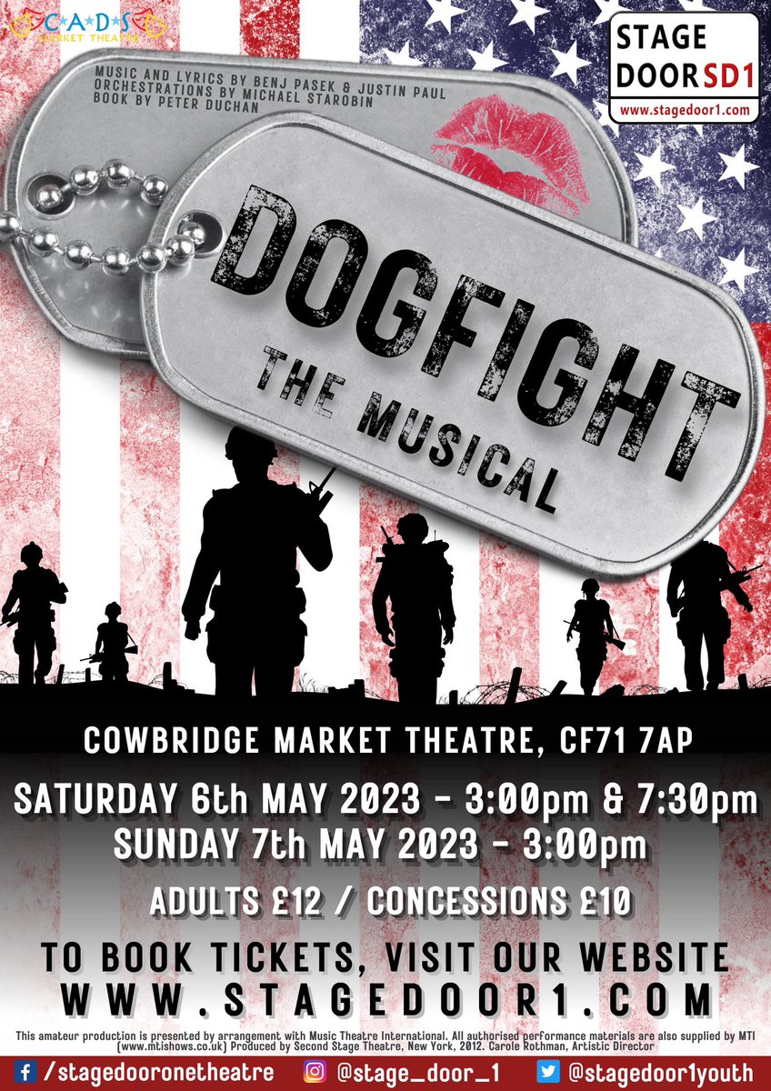stagedoor1youth's tweet photo. 📣ANNOUNCEMENT 📣

Stage Door 1 Youth Theatre’s Senior Company proudly presents: ‘Dogfight’!

🎟️ Tickets are available NOW! 🎟️
Our last few productions have sold out in a matter of weeks, so make sure you don’t delay! Head to the link in our bio or go to our website to book! 🇺🇸 https://t.co/3sqJFkVbFc