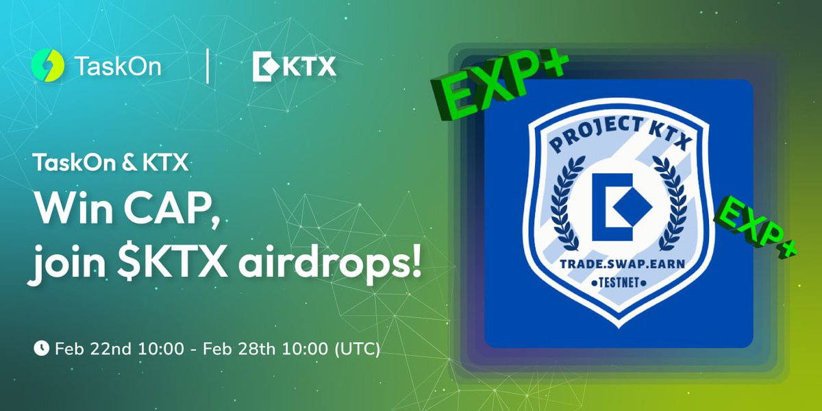 🙌#TaskOn x @KTX_finance team up for a special #Giveaway!

🎁300 #NFTs for future #airdrops + #EXPs
⏰Feb 22nd 10:00 - Feb 28th 10:00 (UTC)  

🚀To join: taskon.xyz/campaign/detai…

#Web3 #NFT #giveaway $KTX