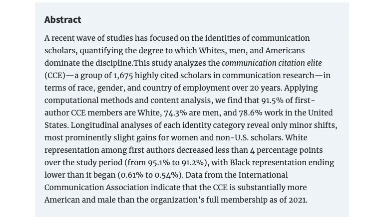 icahdq's tweet image. From Journal of Communication: Inequities of race, place, and gender among the communication citation elite, 2000–2019 
Authors: Deen Freelon,  Meredith L Pruden,  Kirsten A Eddy,  Rachel Kuo
Link: buff.ly/3YPoC0x