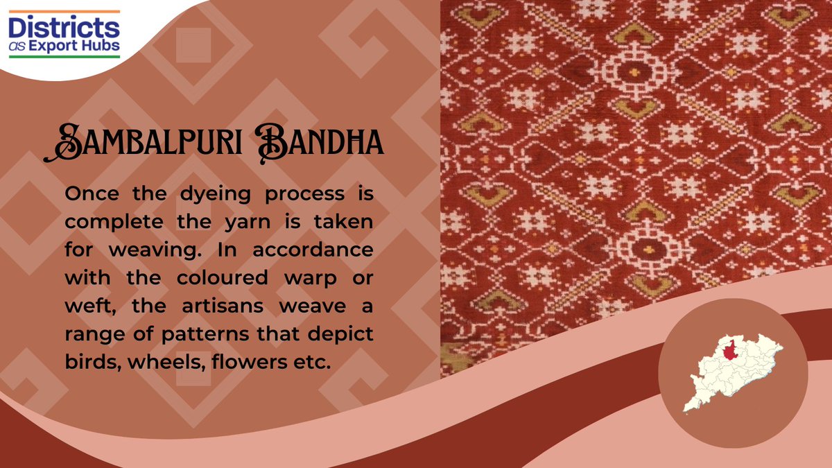 DEH_DGFT's tweet photo. The Sambalpuri Saree is produced using the Ikkat or bandh kala technique where the yarn is dyed before the weaving process begins.
Crafted in Sambhalpur district of Odisha, it is also protected with GI Tag.
#TaleofTextiles #India #DistrictsAsExportHubs https://t.co/GJYWWYYIXZ