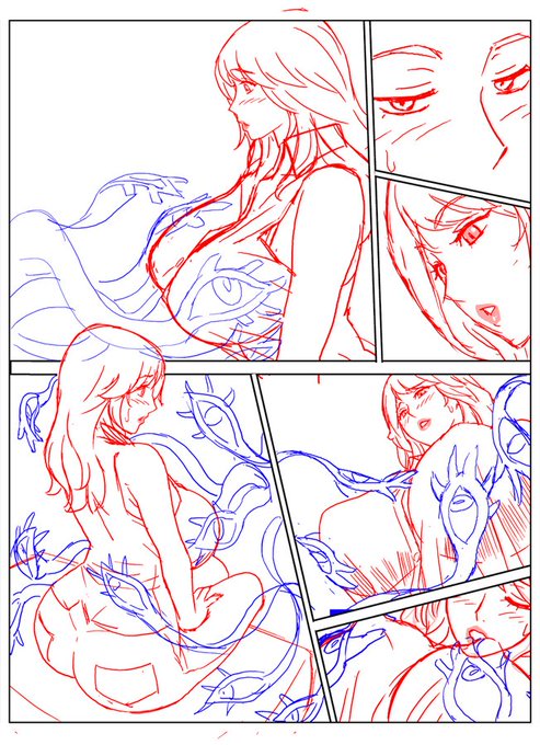 今日も地道に作業進行中。

青い線は男性の視線を具現化したものです。 