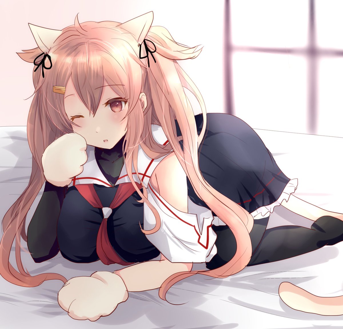 murasame (kancolle) ,murasame kai ni (kancolle) 1girl solo long hair school uniform black serafuku animal hands animal ears  illustration images