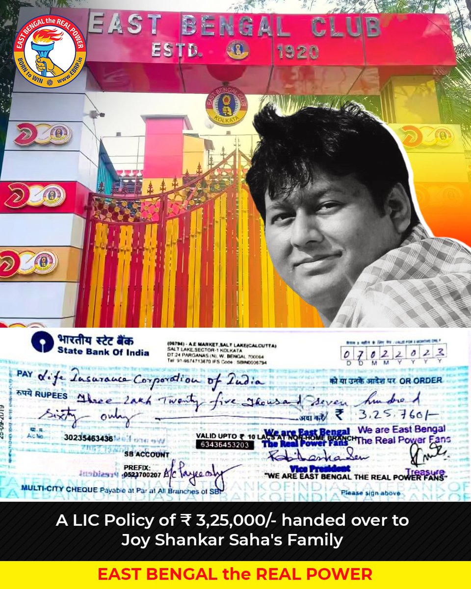 EBRPFC's tweet image. #EBRP has handed over a LIC policy of Rs. 3,25,000 to Joy Shankar Saha's family.
We are grateful to everyone for coming forward in support of the bereaved family. 
Heartfelt thanks to #BFC for amplifying the campaign via #Blueprint and Mr. Ranjit Bajaj for donating of Rs. 20,000.