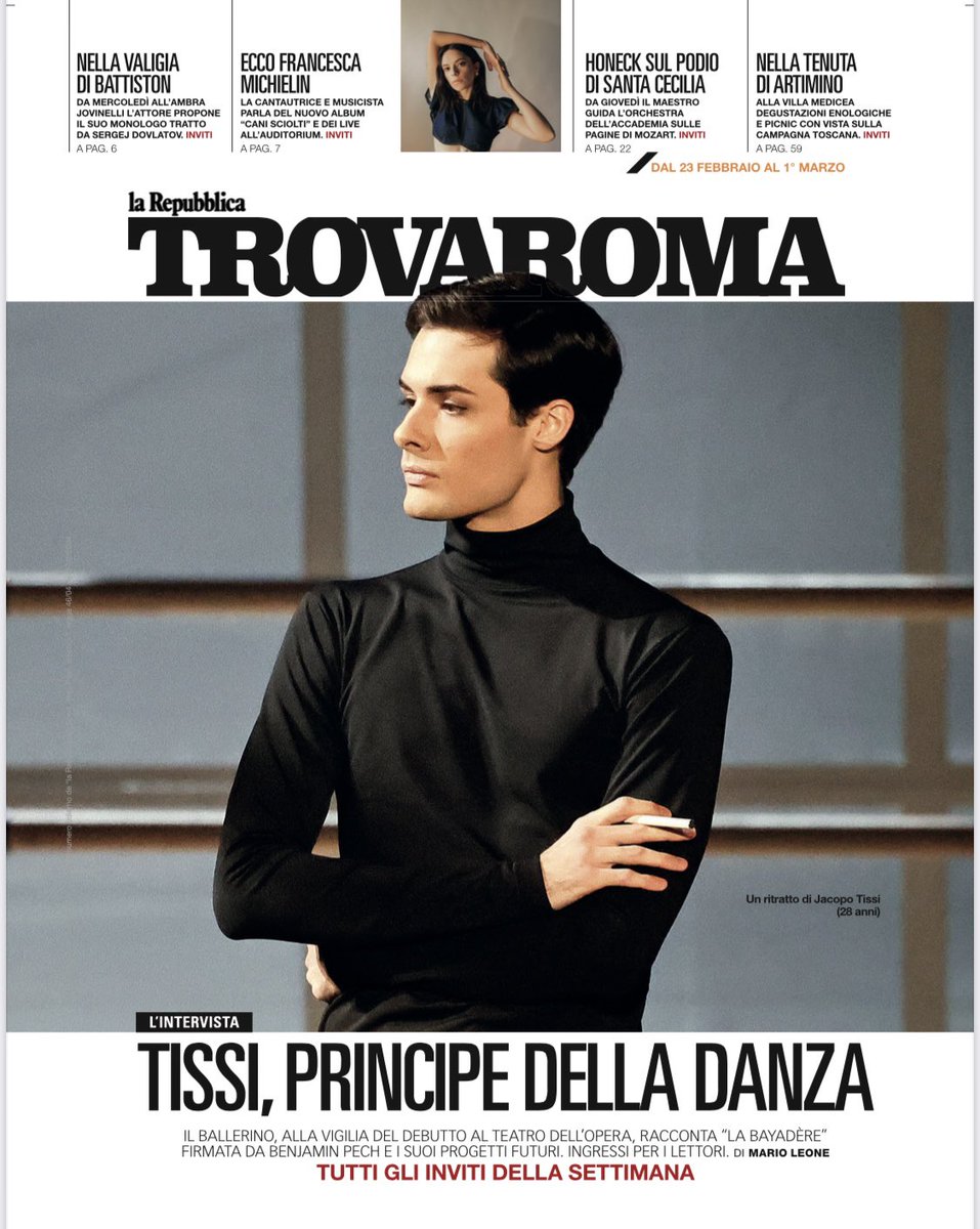 TrovaRoma_Rep's tweet photo. Protagonista del nuovo #TrovaRoma è #JacopoTissi. Il danzatore racconta a @maestroleone il balletto “La Bayadère”, che debutta all’@OperaRoma con le coreografie di #BenjaminPech, e i suoi progetti futuri. Domani in edicola con @repubblica. Inviti per i lettori. https://t.co/bdMQKDGG21