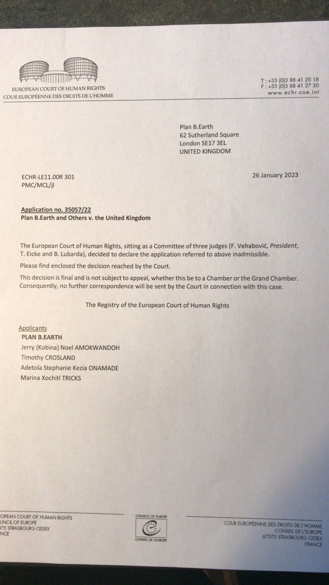 European Court of Human Rights rules climate case against British Government inadmissible without explanation

"It’s now clear that these courts are irrelevant to the meaningful pursuit of justice"

<a href="/GlobalMajorityV/">🌍 GlobalMajorityVS 🌎</a> <a href="/STOPMAANGAMIZI/">STOPTHEMAANGAMIZI</a> <a href="/JustStop_Oil/">Just Stop Oil</a> 

bit.ly/3IHvjez