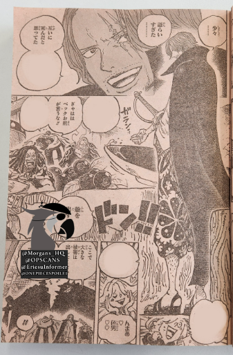 #ONEPIECE1076 SPOILER
Páginas 10 y 11:

En un bar de Elbaf... se encuentra Shanks hablando con un niño y una mesera referenciando a Luffy y Makino
Los demás Piratas Akagami se divierten en el bar
