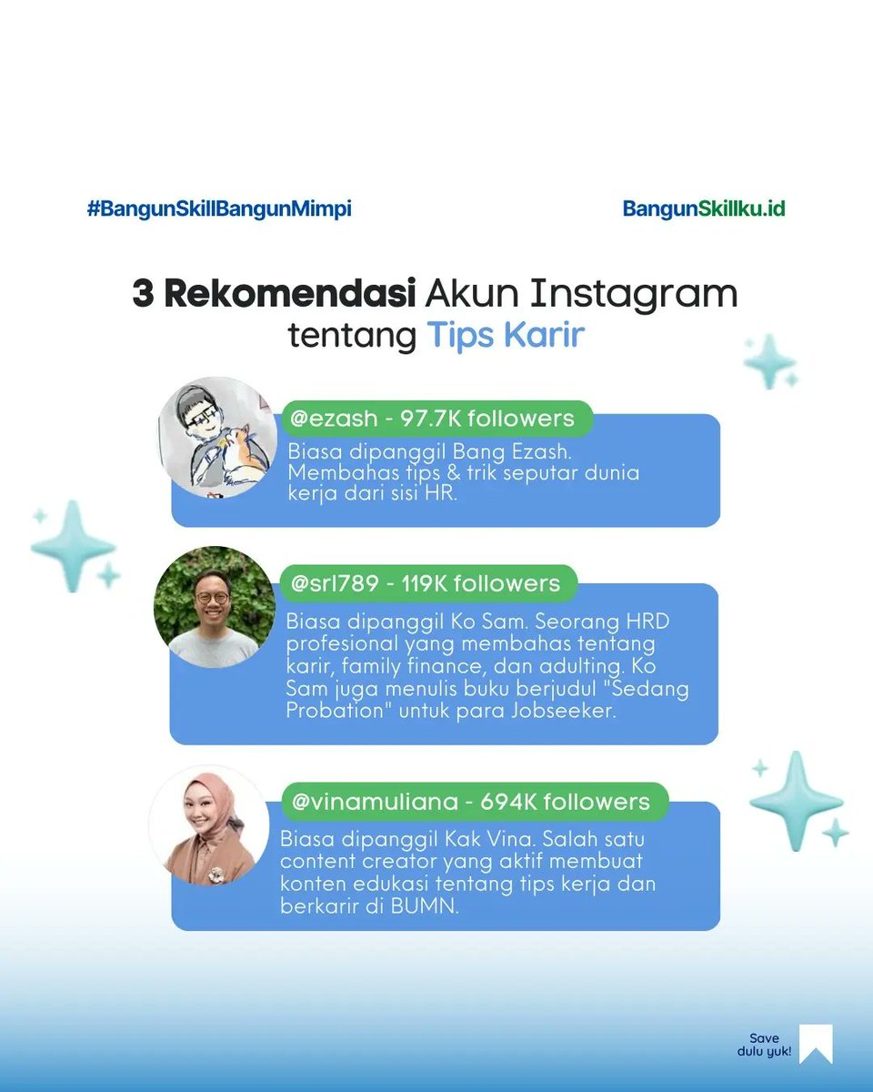 bangunskillkuid's tweet image. Buat Learners yang butuh tips karir lainnya bisa follow 3 akun di atas yaa 😍

Kalau ada rekomendasi akun lainnya boleh banget komen di bawah ya Learners 😉

#tipscv #tipskerja #internship #freshgraduate #jobseekers #webinar #kelasonline #bangunskillkuid #bangunskillbangunmimpi