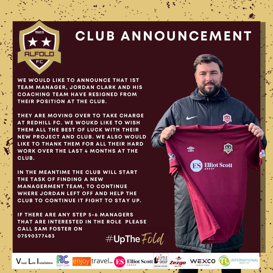 Alfold FC (@alfold_fc) on Twitter photo SEARCH FOR NEW MANAGER BEGINS! We are sad to announce that Jordan Clark and the 1st team management yesterday stepped down from their duties at the club. We would like to thank them all and wish them all the best of luck. The club have put in an internal provision for 1st team. SEARCH FOR NEW MANAGER BEGINS! We are sad to announce that Jordan Clark and the 1st team management yesterday stepped down from their duties at the club. We would like to thank them all and wish them all the best of luck. The club have put in an internal provision for 1st team.