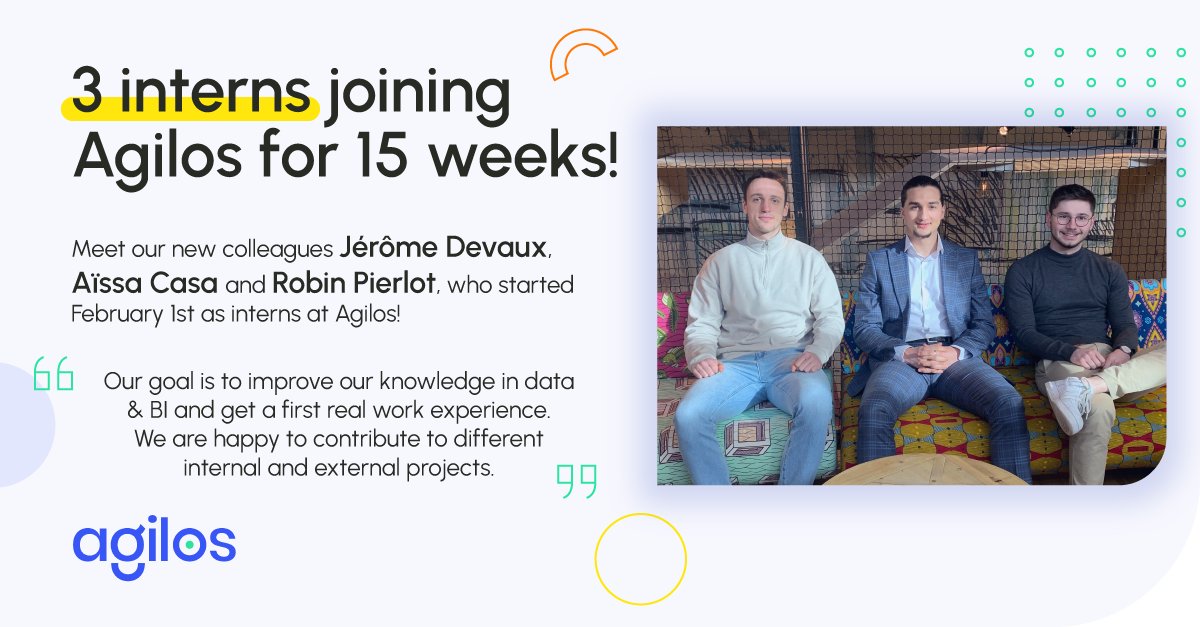 agilossolutions's tweet image. Meet our new colleagues Jérôme Devaux, Aïssa Casa and Robin Pierlot! Welcome to the wonderful world of data and the Agilos&apos; teams!
