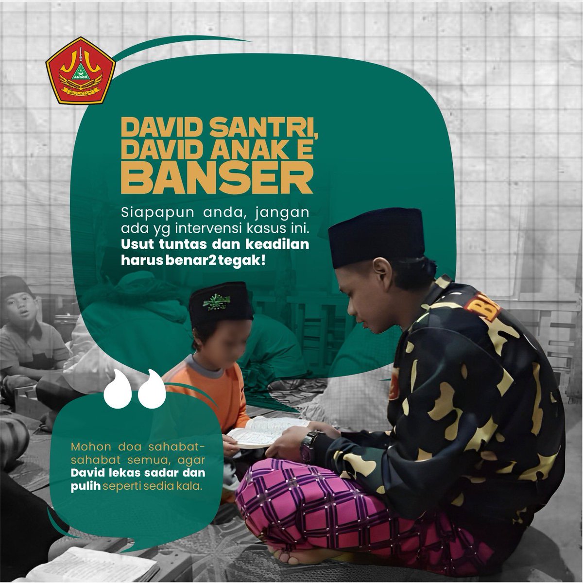 Peristiwa nahas itu menimpa santri, putera kader Banser, Sahabat kami. Saat ini, David, dirawat di Rumah Sakit. 

Proses hukum saat ini sedang berlangsung. Mohon doanya agar keadilan menjadi panji dalam penyelesaian kasus ini. 🙏🏽