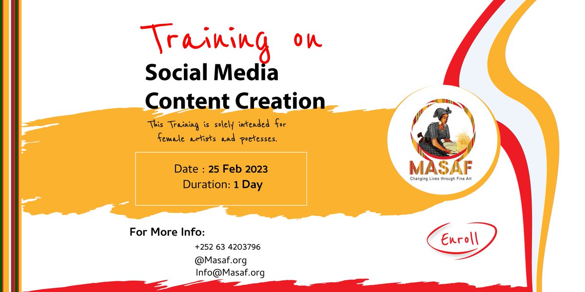 Masaf_org's tweet photo. MASAF is offering a free training on " Social Media Content Creation". This training is solely intended for female artists &amp; poetesses as it would equip with them the necessary skills &amp; know-how to conduct an effective content creation for their  social media platforms.(1/1) https://t.co/bQqQonKRUu