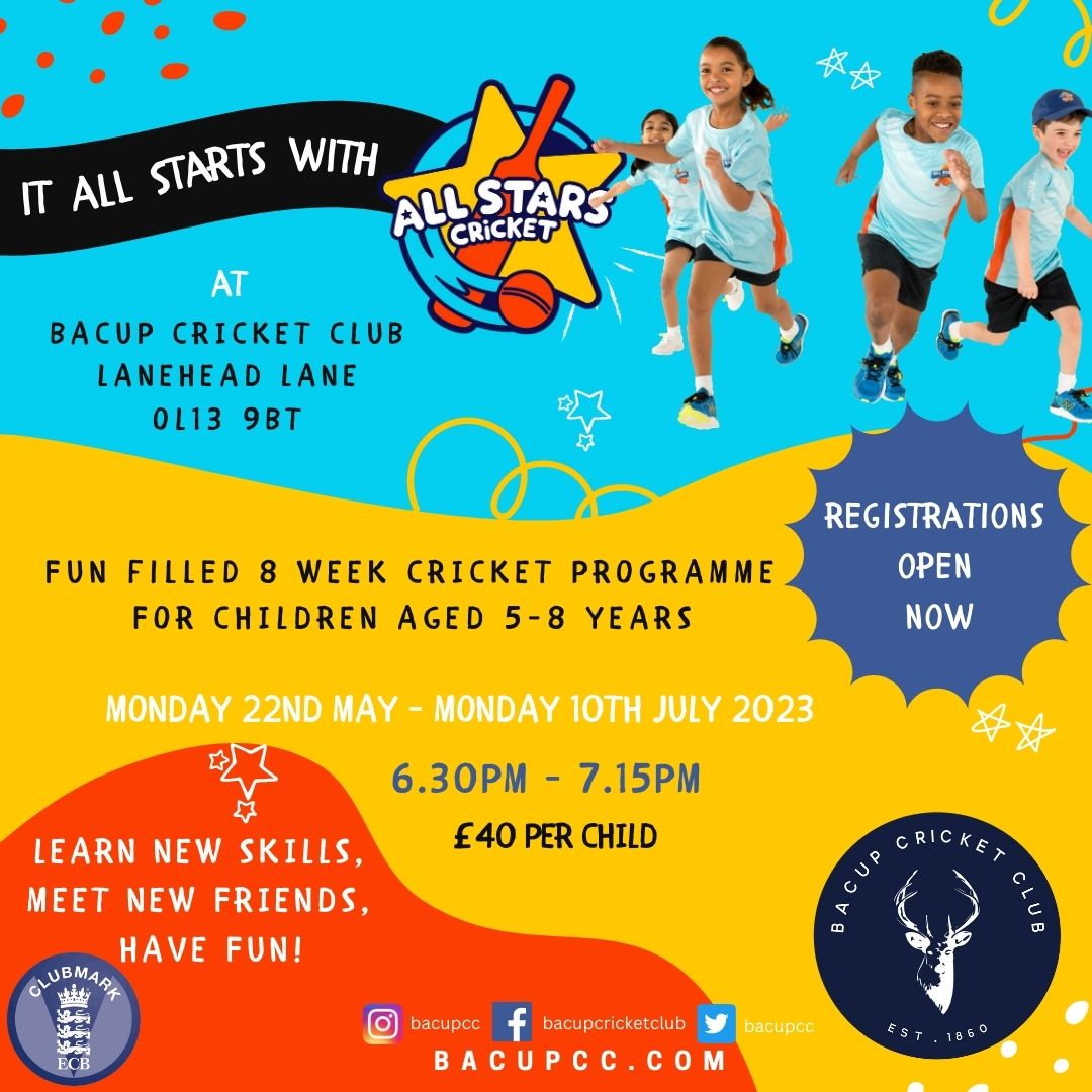 BacupCC's tweet photo. 🏏 ALL STARS CRICKET 🏏
It's back!  Bacup Cricket Club is once again hosting All Stars Cricket, aimed at all children aged 5-8 years.
REGISTER YOUR CHILD HERE:  https://t.co/byJO6VMNNt...
Further information: https://t.co/5uIc9H29FB
 #bacup #rossendalevalley #whatsoninrossendale https://t.co/zB0D44JUYn