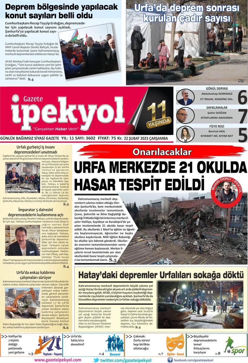 gazeteipekyol's tweet image. 📌ONARILACAKLAR
URFA #MERKEZDE 21 OKULDA #HASAR #TESPİT EDİLDİ
📌#HATAY'DAKİ #DEPREMLER URFALILARI SOKAĞA DÖKTÜ
📌DEPREM BÖLGESİNDE YAPILACAK #KONUT SAYILARI BELLİ OLDU
📌URFA'DA DEPREM SONRASI KURULAN #ÇADIR #SAYISI