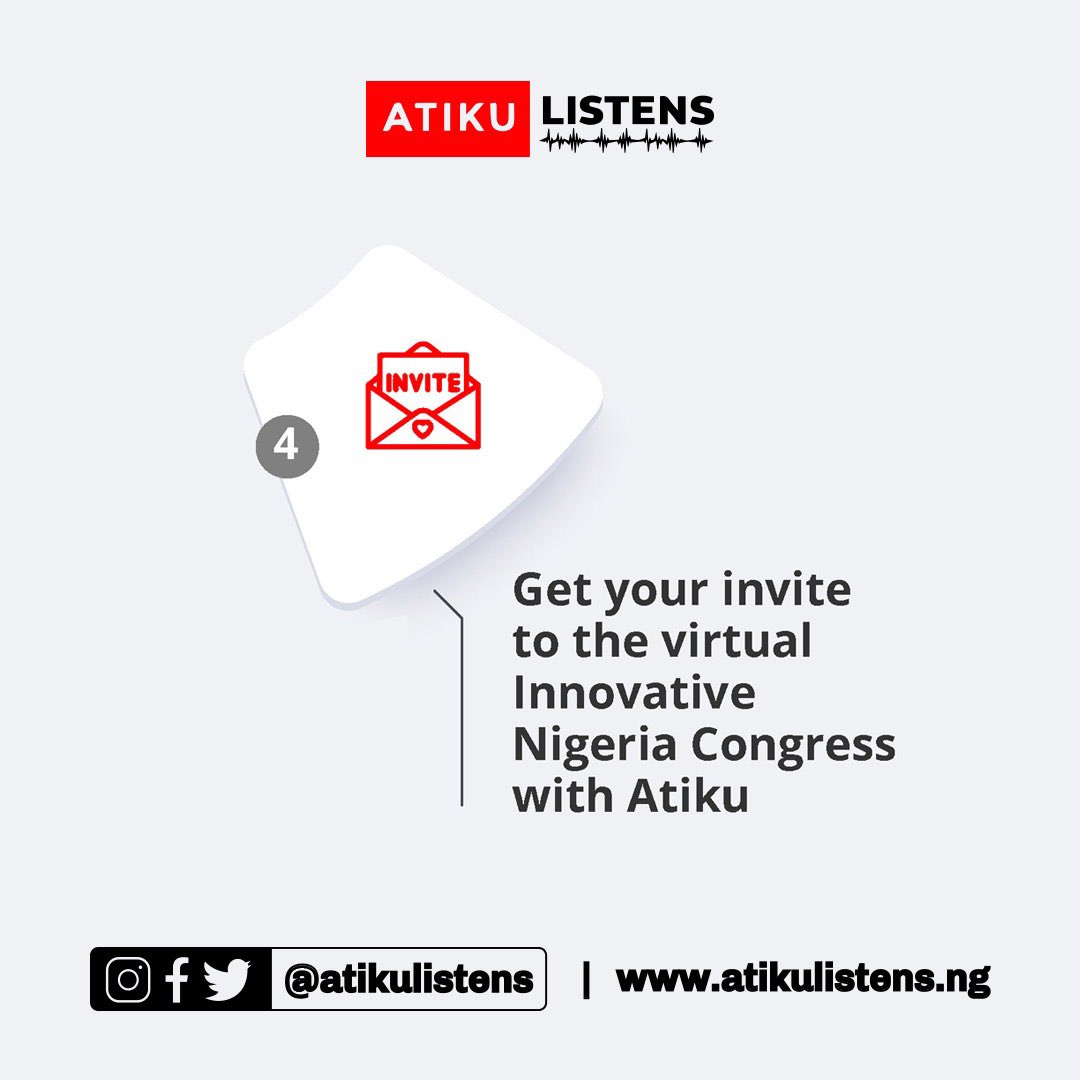 AtikuListens's tweet photo. Follow this step-by-step process to submit that innovative idea you think will help the economy of Nigeria through this channel available.

Submit 👉 https://t.co/rTUI5kwwHP  this idea to have a 2 min video conversation with @atiku #Atikuiswinning
#Atikulistens
#AtikuWillWin https://t.co/gBHBLFBr6s