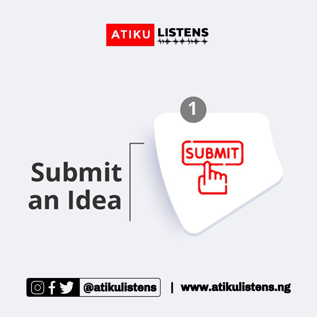 AtikuListens's tweet photo. Follow this step-by-step process to submit that innovative idea you think will help the economy of Nigeria through this channel available.

Submit 👉 https://t.co/rTUI5kwwHP  this idea to have a 2 min video conversation with @atiku #Atikuiswinning
#Atikulistens
#AtikuWillWin https://t.co/gBHBLFBr6s