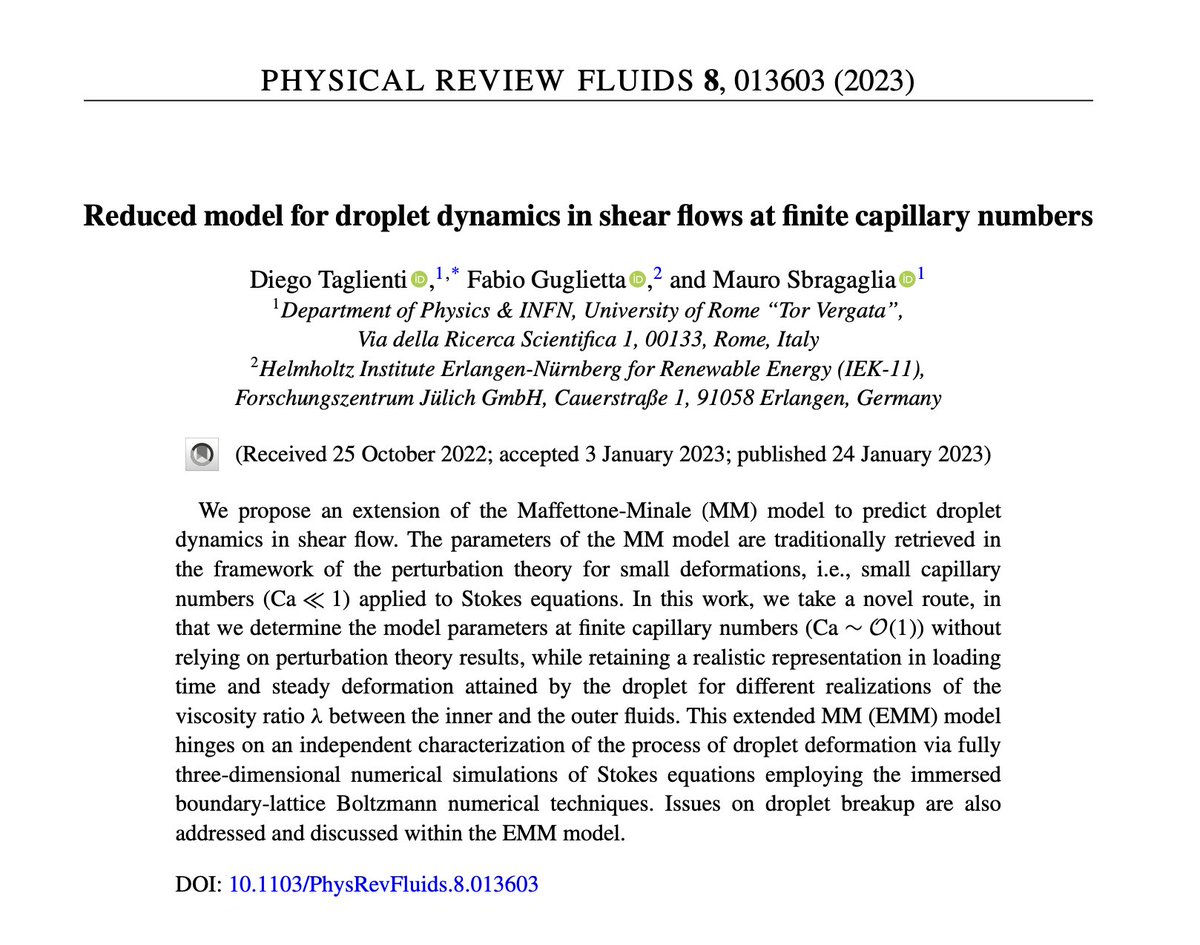 fisicaunitov's tweet photo. 🎙 Fisica Tor Vergata & articoli di ricerca TIME 💻
#Fluidynamics, #Computationalphysics: “Reduced model for droplet dynamics in shear flows at finite capillary numbers”, IS ONLINE!
👉 https://t.co/4gyPyqKYv3
#FisicaToV #research #work #papers #droplets #rheology https://t.co/CFKA5c8jhV