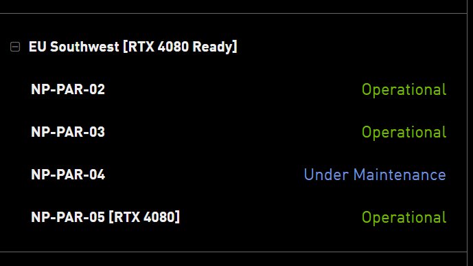 in7ead's tweet photo. #GeForceNOW Servers in Paris (EU Southwest) are now RTX 4080 ready.

4 out of 6 datacenters in Europe are thus updated:

✅ Amsterdam
✅ Frankfurt
✅ London
✅ Paris

🔗 https://t.co/scIrnHAskz

💚☁️🎮
#GeForceNOW #RTX4080 #UltimateUpgrade https://t.co/4Jz7czOo5z