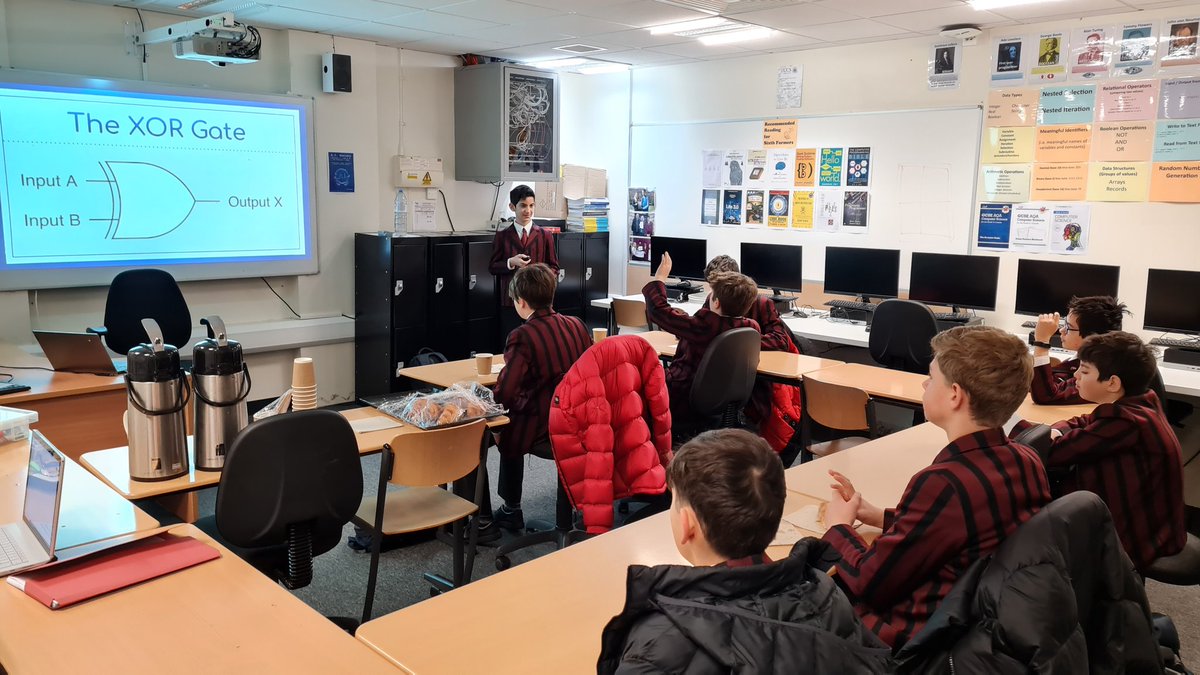 Computer Science Breakfast for Y7 &amp; 8 is back. Today's session is on logic gates! Entirely led by one of our fantastic Y8 pupils. #computerscience #enrichment <a href="/UCSHampstead/">UCS Hampstead</a>