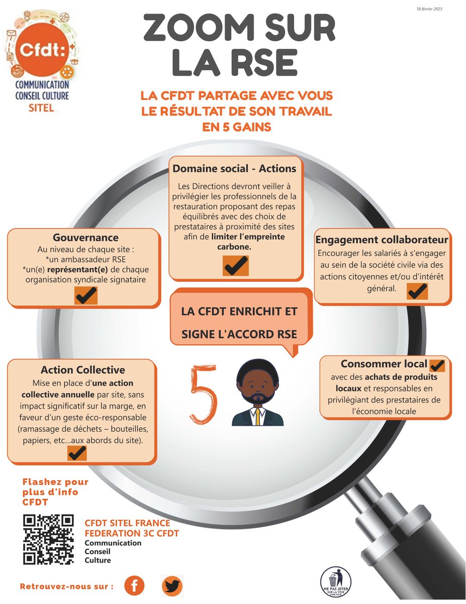 ||Négociation Accord RSE - Sitel France||
La RSE, c’est s’interroger sur « la responsabilité des entreprises vis-à-vis des effets qu’elles exercent sur la société », selon la définition adoptée par l’Union européenne...
✒️📋La CFDT SITEL France enrichit et signe l'accord RSE