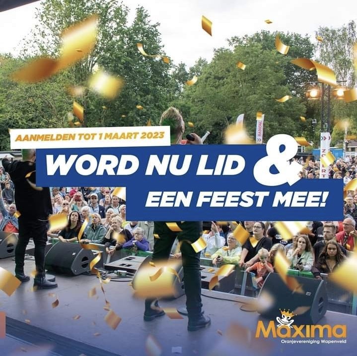 Tot eind van deze maand kunt u nog lid worden voor 2023 van Oranjevereniging Maxima. Na die datum schuiven wij aanmeldingen door naar 2024.

Word lid via : maxima-wapenveld.nl/word-lid/