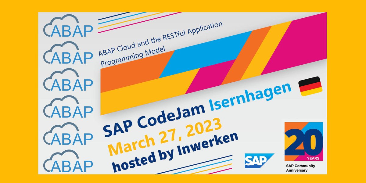 inwerken's tweet photo. 20 years of SAP CodeJam: We are happy to be part of this! Our #SAPCodeJam topic on 27/03/23: ABAP Cloud &amp; the ABAP RESTful Application Programming Model. Looking forward to welcoming our speakers @thomas_jung  &amp; @RichHeilman. Max. attendees: 35. Register: https://t.co/wiUVJczD8y https://t.co/xCCLPSL5wU